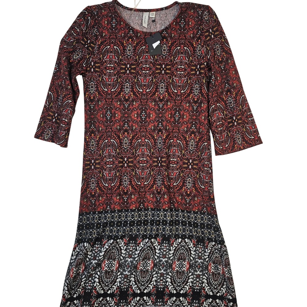 Tacera Red Black Paisley Medallion 3/4 Sleeve Knit Dress Petite Medium NWT